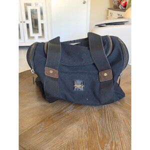 EDDIE BAUER Duffle Blue Nylon Canvas Bag Carry On Leather Brass